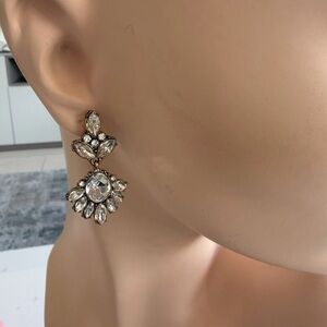 Gold Tone Clear Rhinestone Floral Drop Earrings NEW